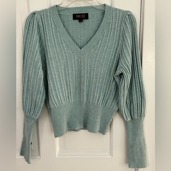 Truth by Republic Textured Wool Blend Aqua Ribbed Knit Long Sleeve Sweater Small - Picture 3 of 16